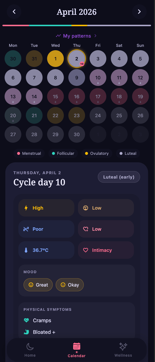 Luna app screenshot on the calendar screen