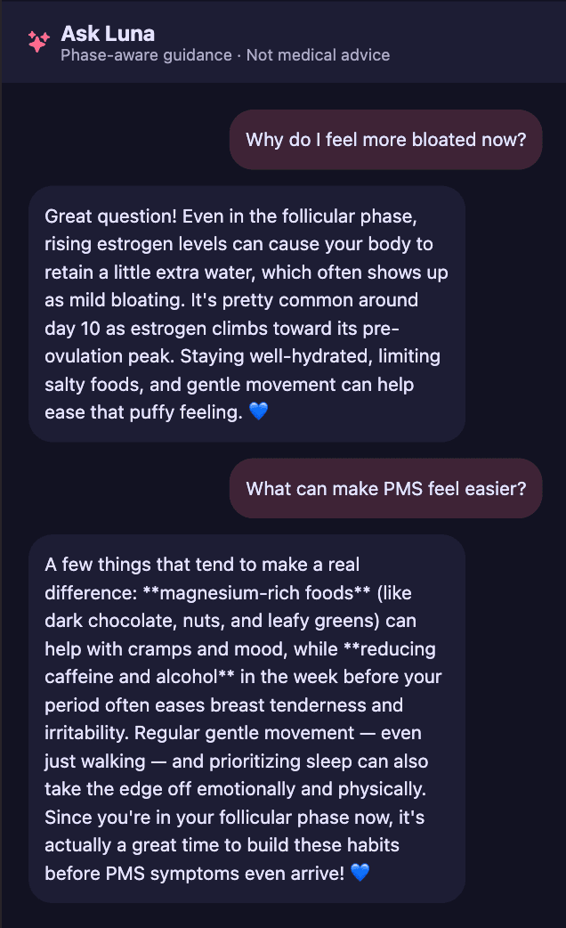 Luna app screenshot on the AI chat screen