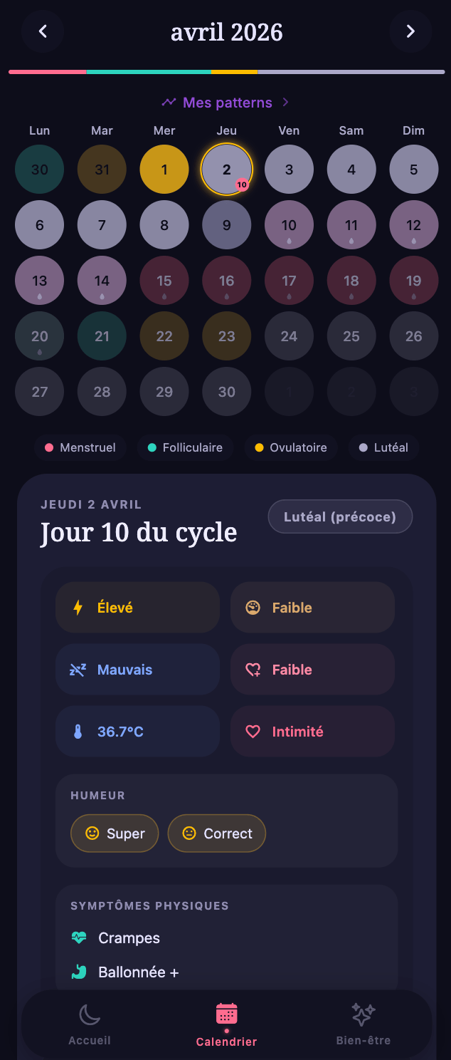 Capture d'ecran de l'application Luna sur l'ecran calendrier