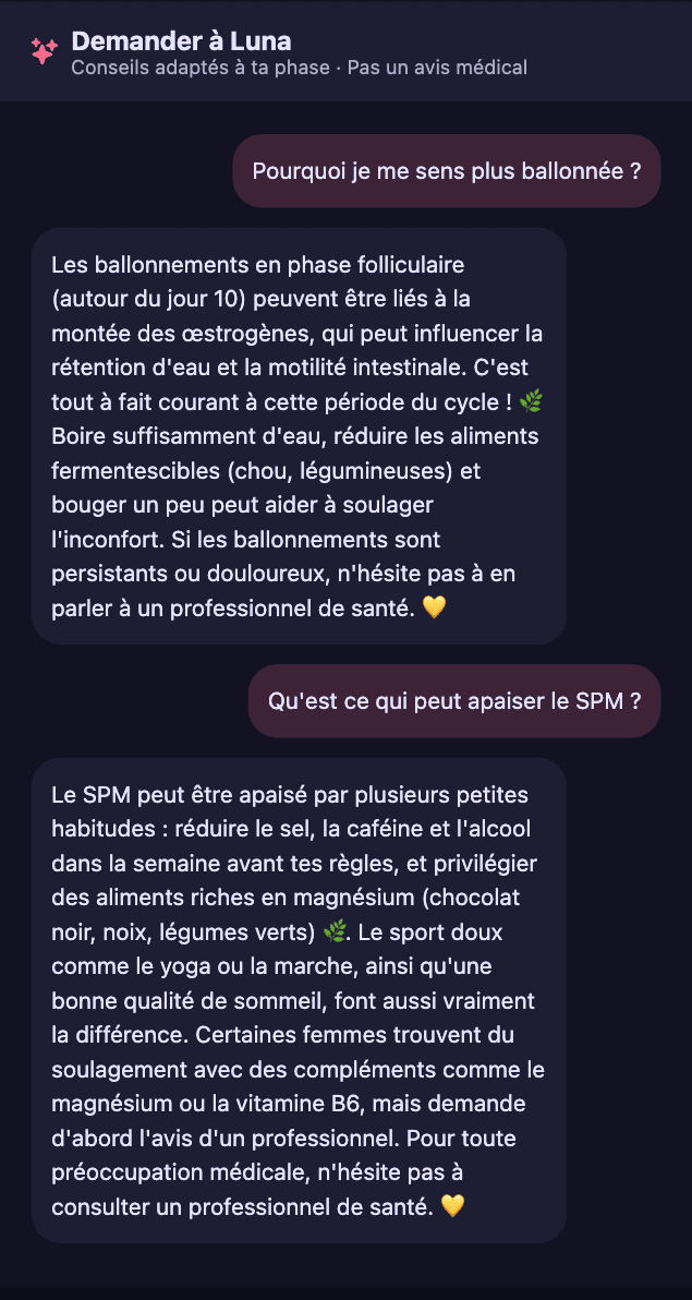 Capture d'ecran de l'application Luna sur l'ecran de chat